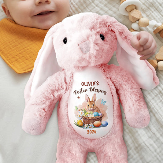 Easter Blessing With Basket Of Eggs And Butterflies Flower - Personalized Stuffed Bunny - GRK121_BUN