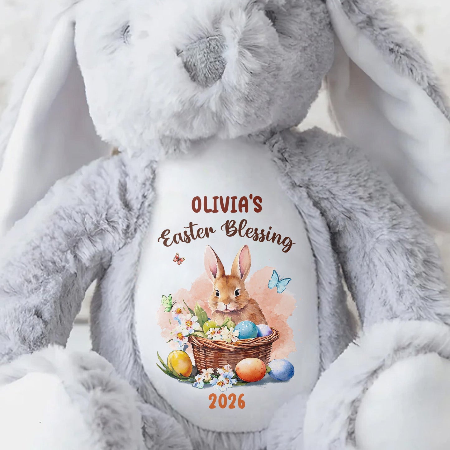 Easter Blessing With Basket Of Eggs And Butterflies Flower - Personalized Stuffed Bunny - GRK121_BUN