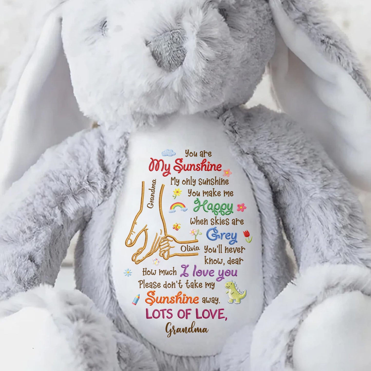 You Are My Sunshine Holding Hands Flowers And Dinosaur Personalized Plush - Personalized Stuffed Bunny - GRK122_BUN