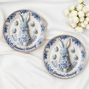 Grandma's Blessings Personalized Bunny And Eggs Floral Design - Personalized Custom Jewelry Dish, Ceramic Dish, Round Shape - GRM110_RCRF