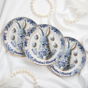 Grandma's Blessings Personalized Bunny And Eggs Floral Design - Personalized Custom Jewelry Dish, Ceramic Dish, Round Shape - GRM110_RCRF