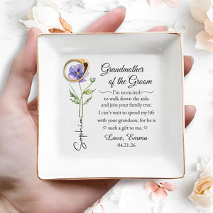 Grandmother Of The Groom Purple Flower Family Tree Message - Personalized Custom Jewelry Dish, Square Ceramic Dish - GRM127_SCRD