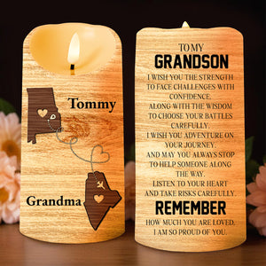 Grandson, Strength And Wisdom Inspirational Quote With State Outline And Heart - Personalized Custom LED Candle - GSN009_LECA