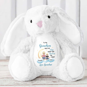 To My Grandson, Hold Me Close When You Need Me The Most, Bunny, Moon, and Stars - Personalized Stuffed Bunny - GSN037_BUN