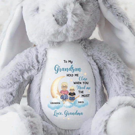 To My Grandson, Hold Me Close When You Need Me The Most, Bunny, Moon, and Stars - Personalized Stuffed Bunny - GSN037_BUN