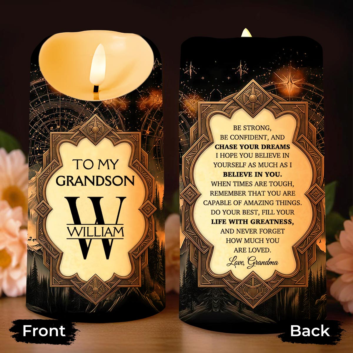 To My Grandson Be Strong And Chase Your Dreams Monogram Mountain - Personalized Custom LED Candle - GSN067_LECA