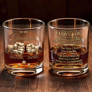 To My Grandson Personalized Fist Bump And Metallic Stars - Personalized Custom Whiskey Glass - GSN078_RWG
