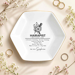 Hairapist Scissor Wielding Miracle Working Floral Scissor And Comb - Personalized Custom Jewelry Dish, Ceramic Dish, Hexagonal Shape - HAIR019_HECRD