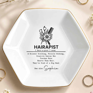 Hairapist Scissor Wielding Miracle Working Floral Scissor And Comb - Personalized Custom Jewelry Dish, Ceramic Dish, Hexagonal Shape - HAIR019_HECRD