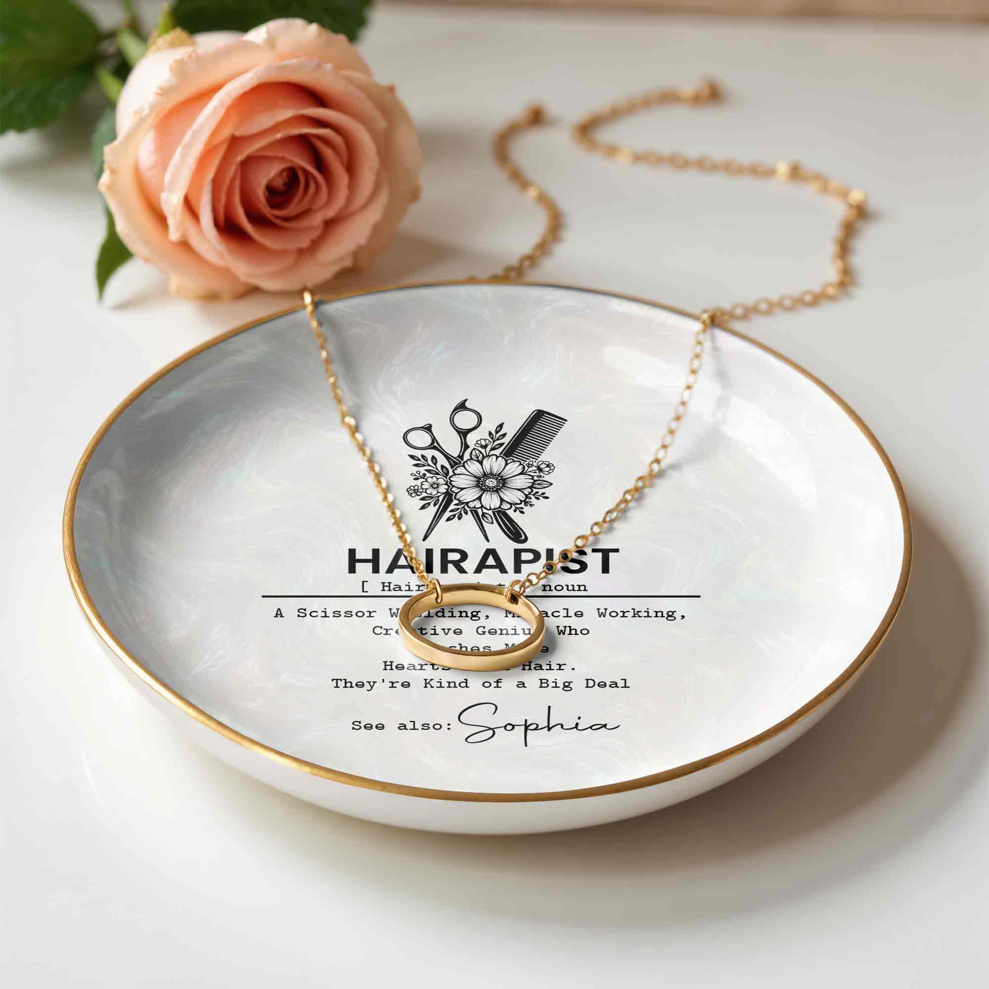 Hairapist A Scissor Wielding Miracle Working Scissor And Comb Flower - Personalized Custom Jewelry Dish, Ceramic Dish, Round Shape - HAIR019_RCRF