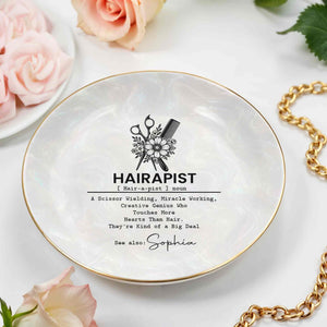 Hairapist A Scissor Wielding Miracle Working Scissor And Comb Flower - Personalized Custom Jewelry Dish, Ceramic Dish, Round Shape - HAIR019_RCRF