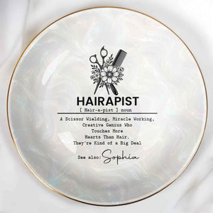 Hairapist A Scissor Wielding Miracle Working Scissor And Comb Flower - Personalized Custom Jewelry Dish, Ceramic Dish, Round Shape - HAIR019_RCRF