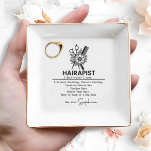 Hairapist Scissor Wielding Miracle Working With Scissors Comb And Flower - Personalized Custom Jewelry Dish, Square Ceramic Dish - HAIR019_SCRD