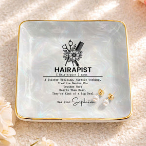 Hairapist Definition With Scissor And Flower Design - Personalized Custom Jewelry Dish, Ceramic Dish, Square Shape - HAIR019_SCRF