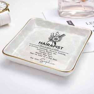 Hairapist Definition With Scissor And Flower Design - Personalized Custom Jewelry Dish, Ceramic Dish, Square Shape - HAIR019_SCRF