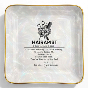 Hairapist Definition With Scissor And Flower Design - Personalized Custom Jewelry Dish, Ceramic Dish, Square Shape - HAIR019_SCRF