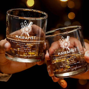 Hairapist Scissor Wielding Miracle Working Definition With Scissors Comb And Flowers - Personalized Custom Whiskey Glass - HAIR139_RWG