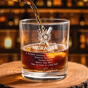 Hairapist Scissor Wielding Miracle Working Definition With Scissors Comb And Flowers - Personalized Custom Whiskey Glass - HAIR139_RWG