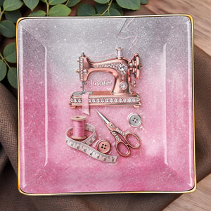 A Life Stitched With Love Sewing Machine Scissors And Thread - Personalized Custom Jewelry Dish, Ceramic Dish, Square Shape - HAND012_SCRF