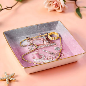 A Life Stitched With Love Sewing Machine Scissors And Thread - Personalized Custom Jewelry Dish, Ceramic Dish, Square Shape - HAND012_SCRF