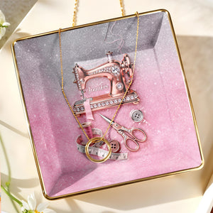 A Life Stitched With Love Sewing Machine Scissors And Thread - Personalized Custom Jewelry Dish, Ceramic Dish, Square Shape - HAND012_SCRF