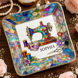 Stained Glass Sewing Machine With Flowers And Thread Spools - Personalized Custom Jewelry Dish, Ceramic Dish, Square Shape - HAND022_SCRF