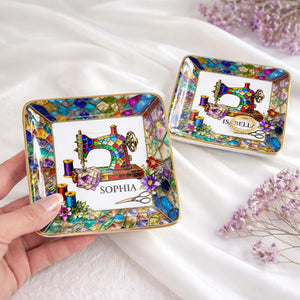 Stained Glass Sewing Machine With Flowers And Thread Spools - Personalized Custom Jewelry Dish, Ceramic Dish, Square Shape - HAND022_SCRF