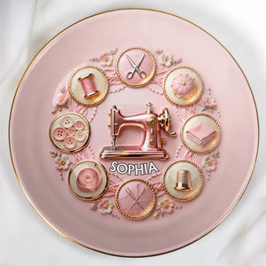 A Seamstress Creates Beauty With Sewing Machine And Crafting Tools Flowers - Personalized Custom Jewelry Dish, Ceramic Dish, Round Shape - HAND026_RCRF