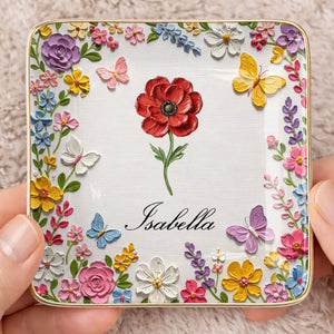 Beautiful Birth Month Flower And Butterflies Garden With 3D Impasto Painting - Personalized Custom Jewelry Dish, Ceramic Dish, Square Shape - HER010_SCRF