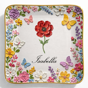 Beautiful Birth Month Flower And Butterflies Garden With 3D Impasto Painting - Personalized Custom Jewelry Dish, Ceramic Dish, Square Shape - HER010_SCRF