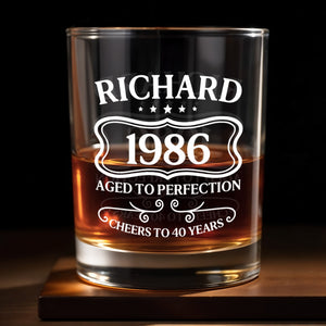 Aged To Perfection Cheers To Many Years, Banner And Stars - Personalized Custom Whiskey Glass - HIM008_RWG