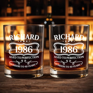 Aged To Perfection Cheers To Many Years, Banner And Stars - Personalized Custom Whiskey Glass - HIM008_RWG