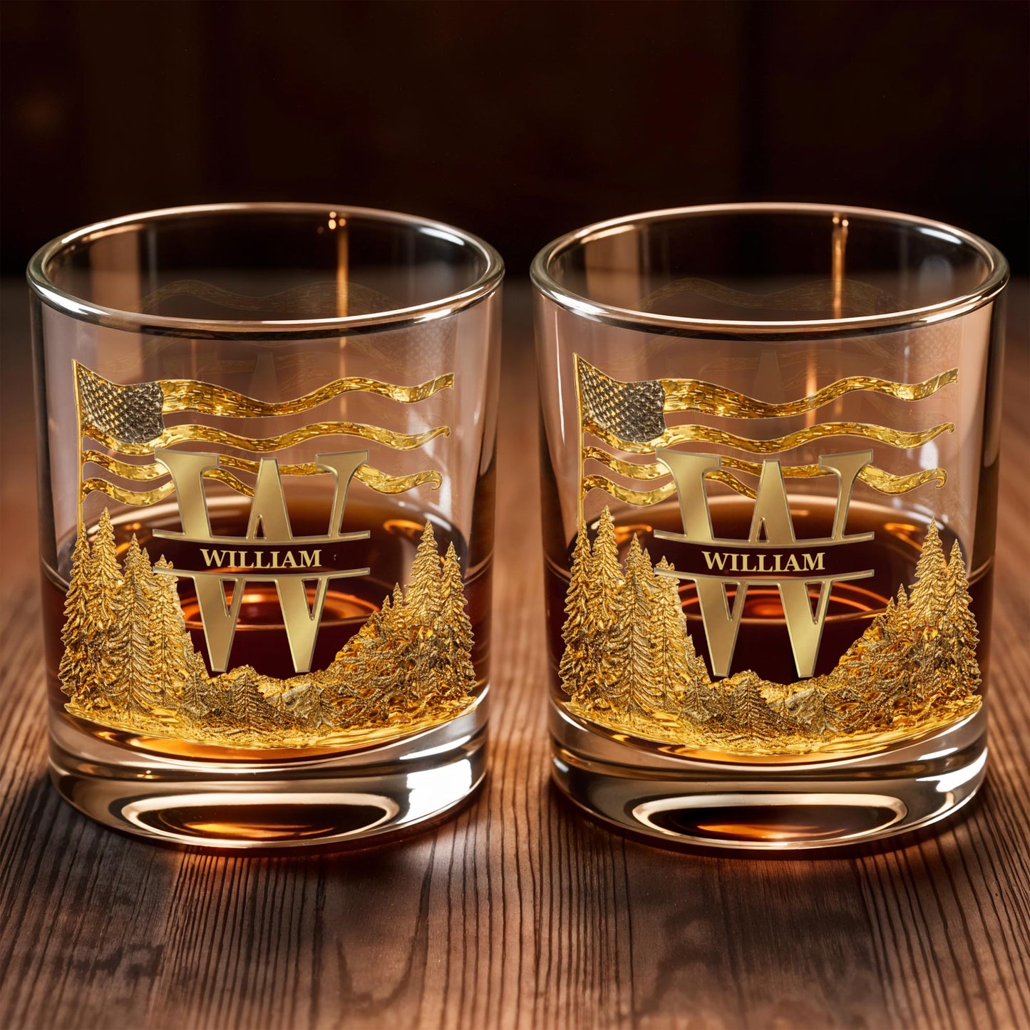 Spirit Of Freedom Nature Pine Forest And American Flag Monogram - Personalized Custom Whiskey Glass - HIM012_RWG
