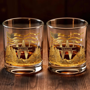 Spirit Of Freedom Nature Pine Forest And American Flag Monogram - Personalized Custom Whiskey Glass - HIM012_RWG