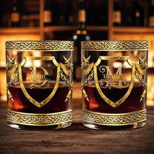 Custom Monogram With Shield And Battle Axes Medieval Knight Style - Personalized Custom Whiskey Glass - HIM015_RWG