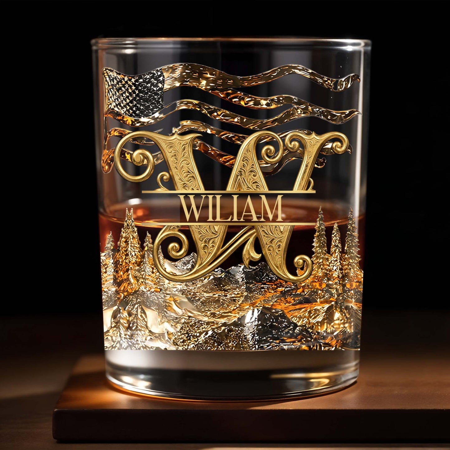 American Pride Custom Initial With Mountain Forest And Flag - Personalized Custom Whiskey Glass - HIM017_RWG