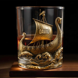 Viking Warrior On The High Seas 3D Golden Ship - Personalized Custom Whiskey Glass - HIM018_RWG