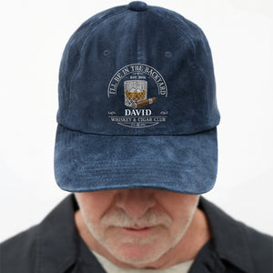 I'll Be In The Backyard Whiskey And Cigar Club With Glass And Cigar - Personalized Custom Washed Denim Cap - HIM044_WDCAP