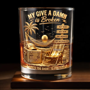 My Give A Damn Is Broken Beach Scene With Palm Tree And Hammock - Personalized Custom Whiskey Glass - HIM073_RWG