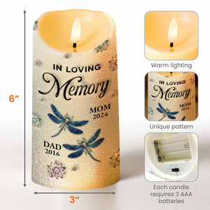 In Loving Memory, Dragonflies and Flowers Memorial Candle - Personalized Custom LED Candle - HME276_LECA