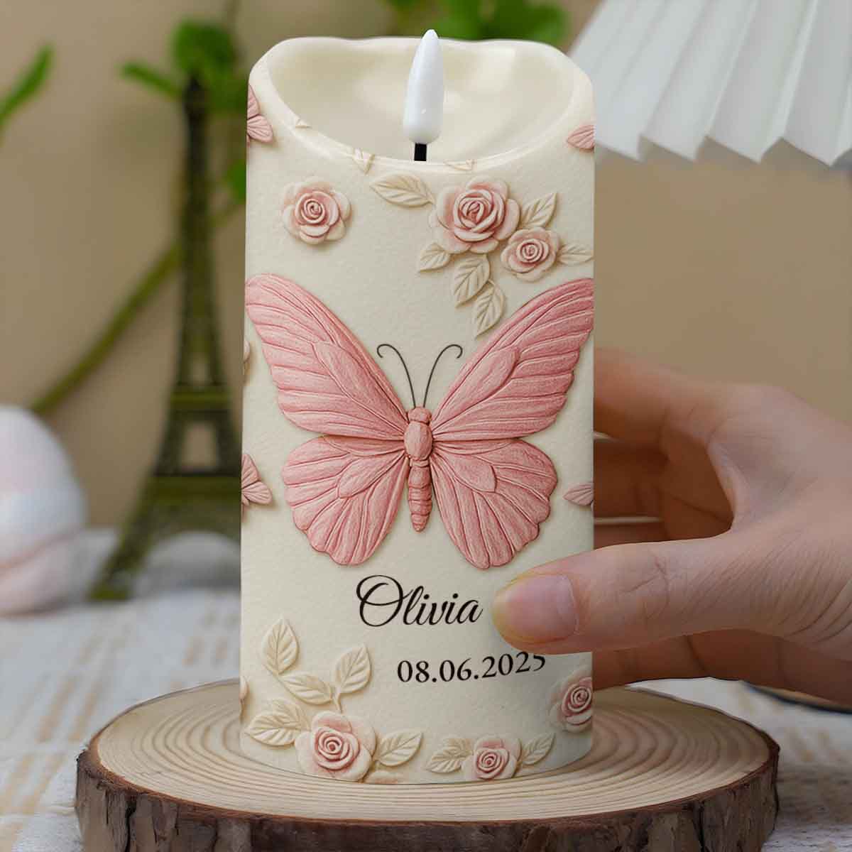 In Loving Memory Forever In Our Hearts Butterfly And Roses - Personalized Custom LED Candle - HME454_LECA