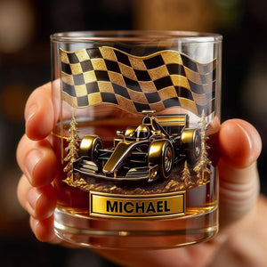 Cherish Your Victories, Celebrate Your Passions, Race Car And Checkered Flag - Personalized Custom Whiskey Glass - HOB014_RWG