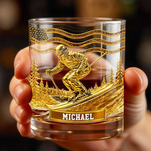 Glide Through Mountains With Custom Name And Skier Design - Personalized Custom Whiskey Glass - HOB017_RWG