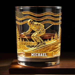 Glide Through Mountains With Custom Name And Skier Design - Personalized Custom Whiskey Glass - HOB017_RWG