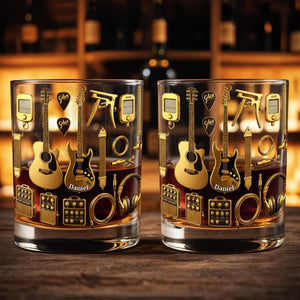 Customizable Glass With Guitars, Headphones, And More - Personalized Custom Whiskey Glass - HOB063_RWG