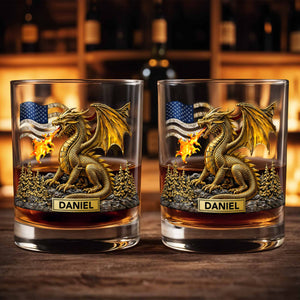 Fierce Golden Dragon Breathing Fire And American Flag With Pine Trees - Personalized Custom Whiskey Glass - HOB110_RWG