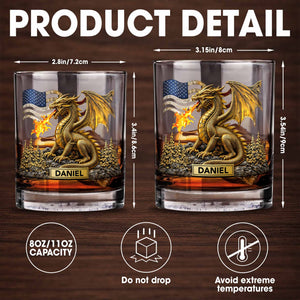 Fierce Golden Dragon Breathing Fire And American Flag With Pine Trees - Personalized Custom Whiskey Glass - HOB110_RWG