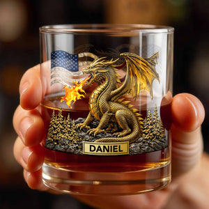 Fierce Golden Dragon Breathing Fire And American Flag With Pine Trees - Personalized Custom Whiskey Glass - HOB110_RWG