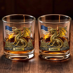 Fierce Golden Dragon Breathing Fire And American Flag With Pine Trees - Personalized Custom Whiskey Glass - HOB110_RWG