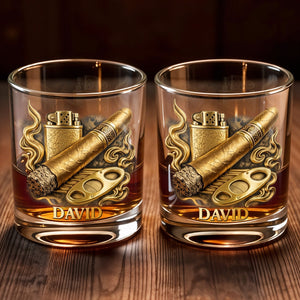 Relaxation With Fine Blend And Premium Cigar Lighter Gold Design - Personalized Custom Whiskey Glass - HOB193_RWG